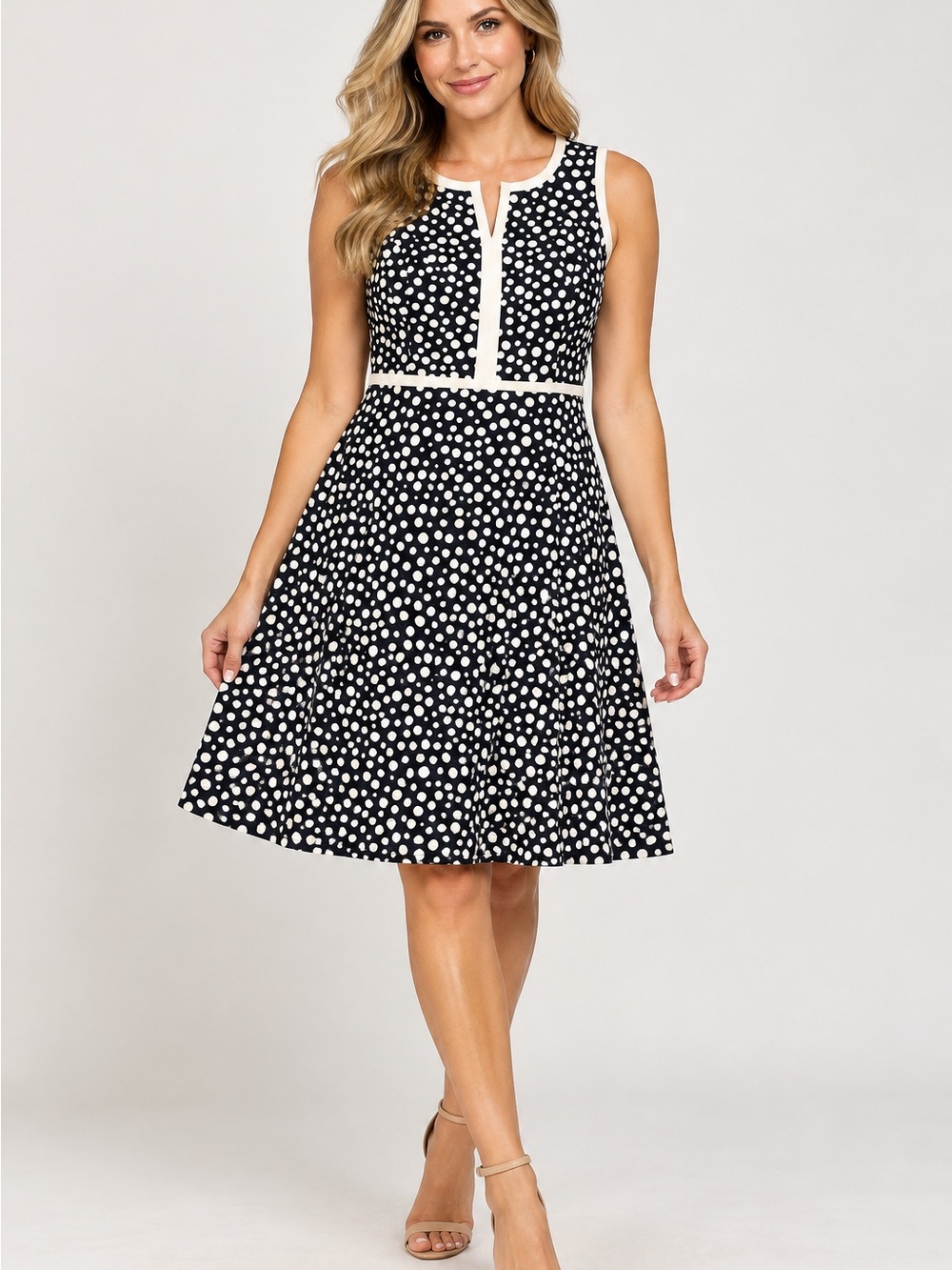 Polka Dot Fit & Flare Dress - Navy & White